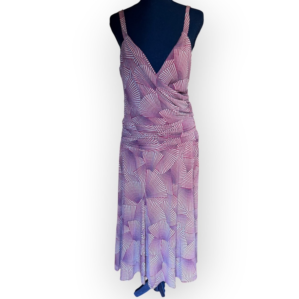 BCBGMAXAZRIA Vintage Art Deco Fan Geometric Ruched Y2K Midi Dress Purple Red L